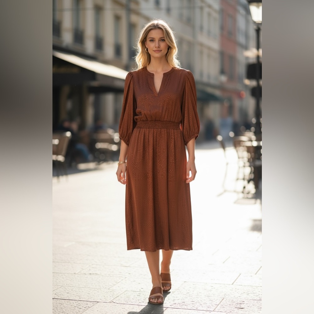 Sandra Darren Satin Jacquard smocked‎ midi dress copper sz 16